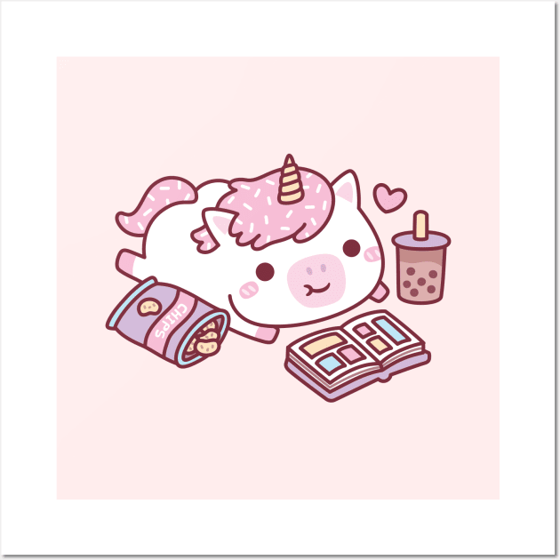 Cute Unicorn Chilling With Manga Chips And Boba Tea Wall Art by rustydoodle